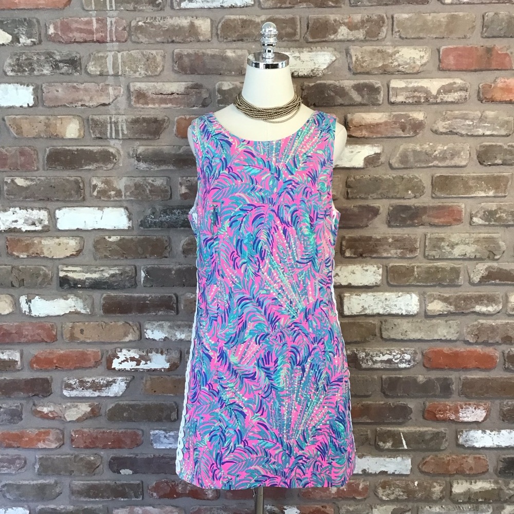 Lilly Pulitzer Pink & Blue Tropical Print Sleeveless Shift Dress - Picture 2 of 8